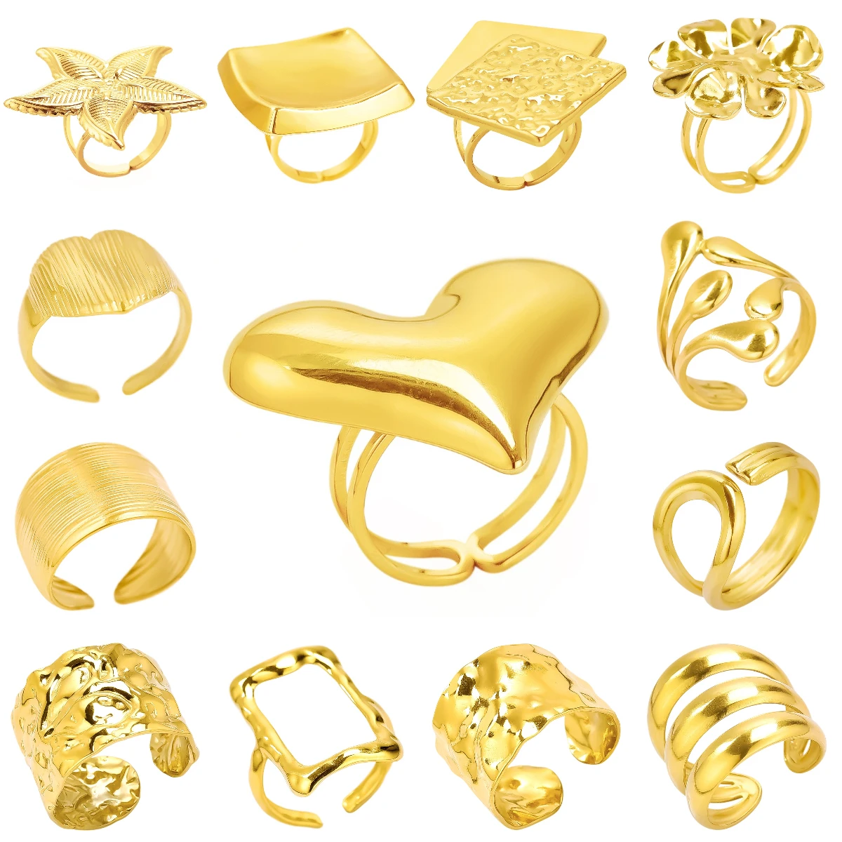 

Trendy Heart Shaped Love Big Knuckle Rings Stainless Steel Real Gold Plated Open Adjustable Rings Women Jewelry Gifts Never Fade