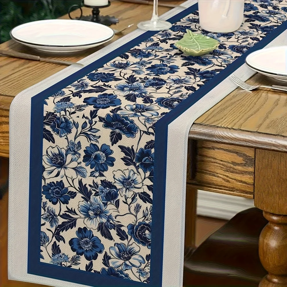 1 Stück französischer Vintage-Tischläufer mit blauem Blumendruck – elegante rechteckige Esszimmerdekoration für Zuhause, Partys und Veranstaltungen
