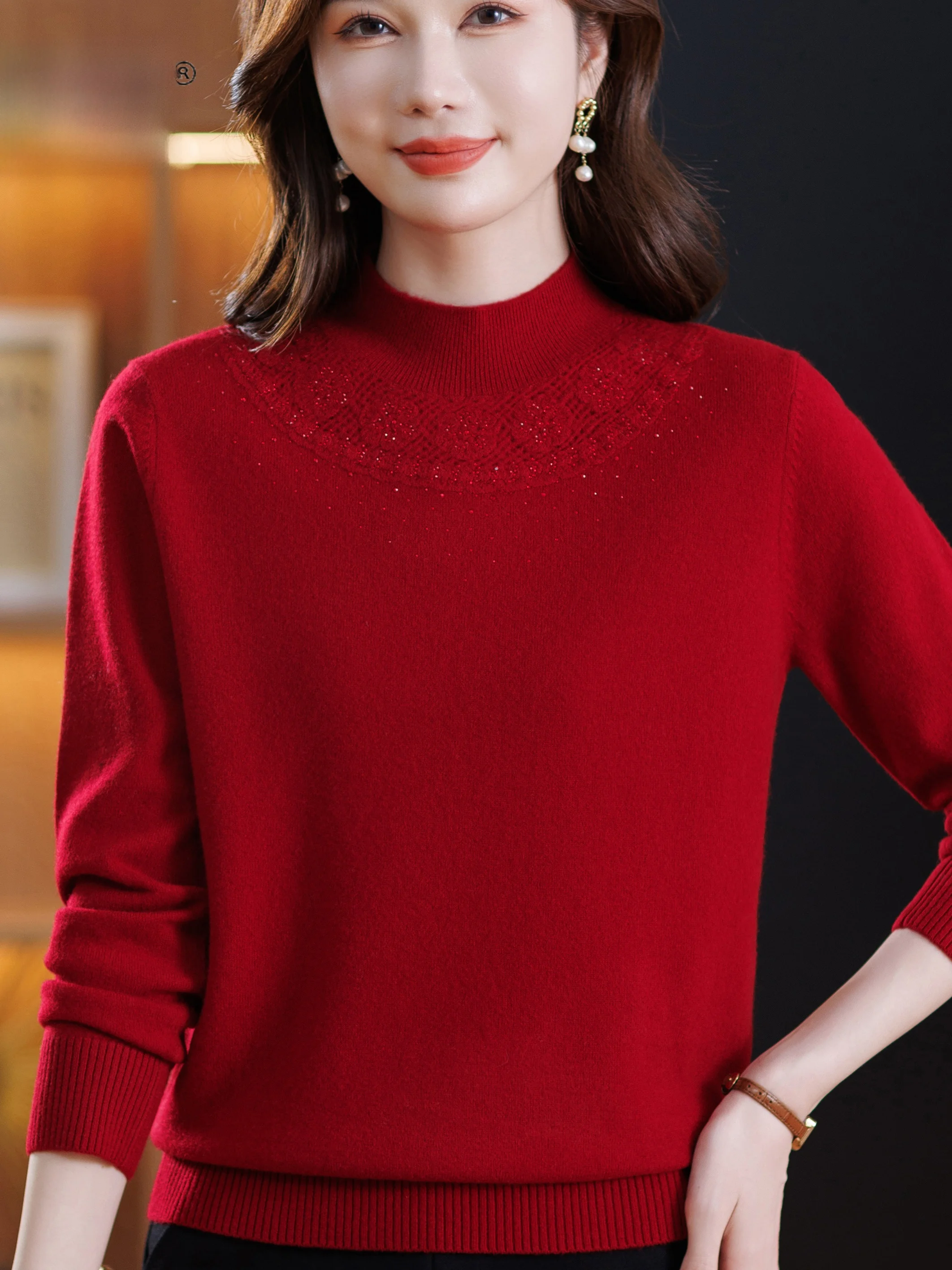 

Red f-High Collar 00 Pure Wool Sweater Women's Autumn Winter Base irt Warm Knitwear Faionable Loose ape