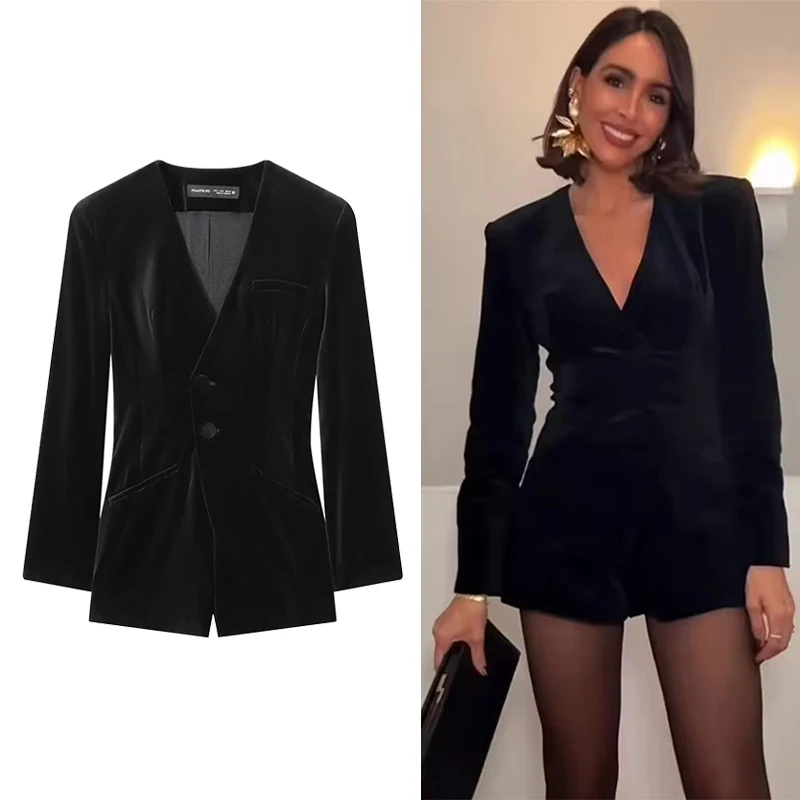 

Women Suit Short Jumpsuit Elegant Solid Blazer V-Neck Slim Long Sleeve Bodysuit Streetwear Female Flat Velvet Rompers New