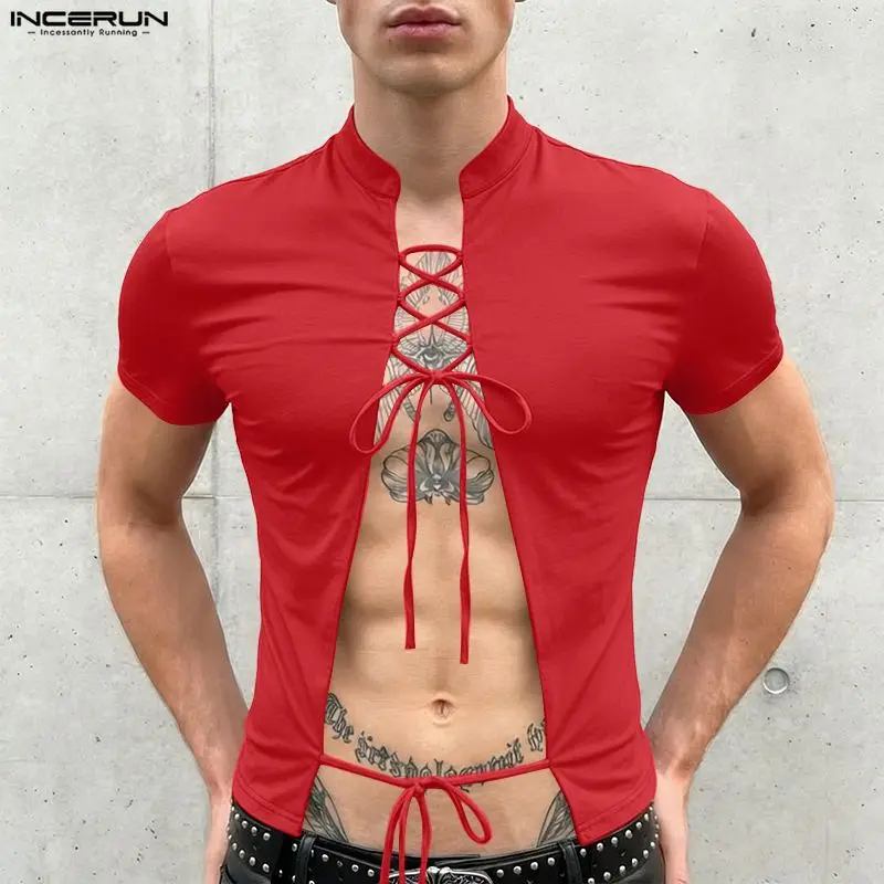 INCERUN Men's T Shirts Solid Short Sleeve Hollow Out Lace Up Camisetas Summer Tee Tops For Man Streetwear Fashion Men Clothes