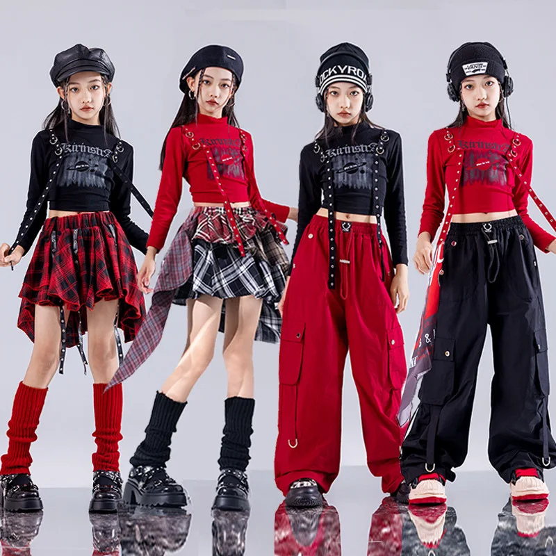 

Kid Hip Hop Clothing Distressed Crop Top T Shirt Black Casual Cargo Pants Strap Pleated Skirt for Girls Dance Costumes Clothes