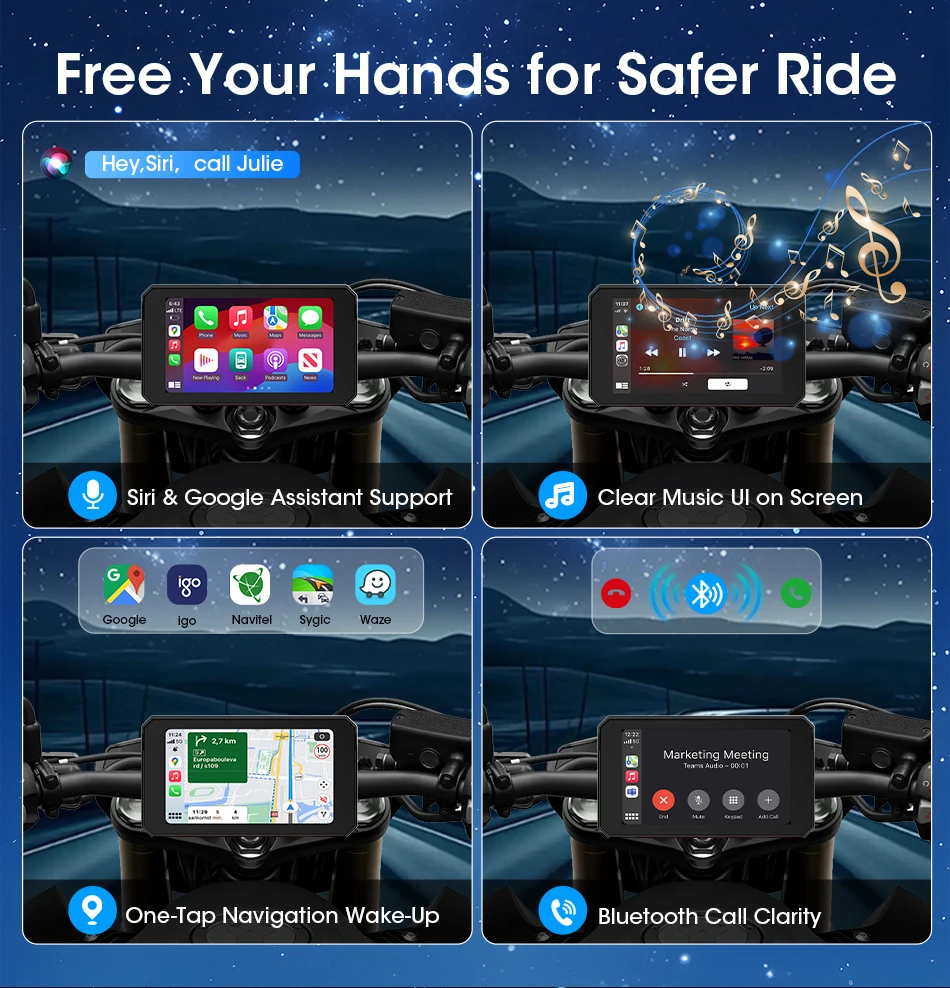 Jansite Dual Bluetooth Motorrad Carplay Bildschirm Navigation GPS Display IP67 Wasserdichte Unterstützung Helm Intercom Moto Zubehör – Detail 10