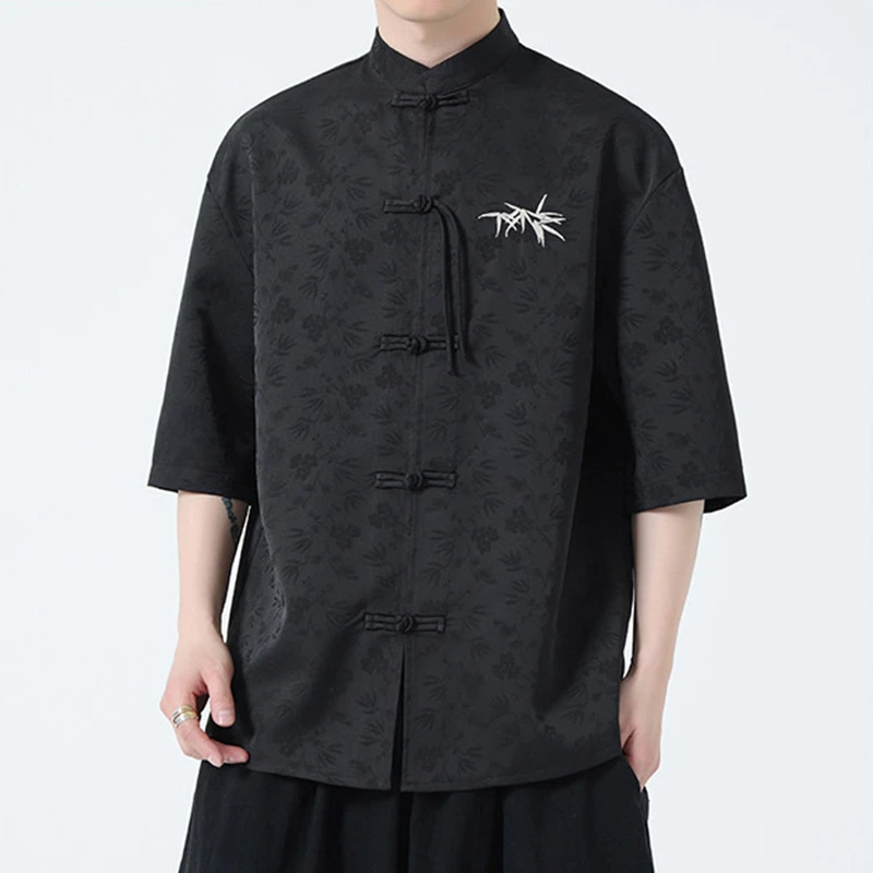 

Chinese Style Men Casual Shirt New 2026 Summer Vintage Mandarin Collar Frog Button Loose Male Short Sleeve Tops Shirts N091