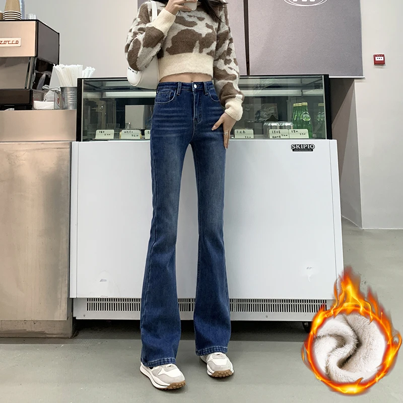 Dames Winter Fleece Jeans Mode Koreaanse Skinny Elastische Uitlopende Broek Dikker Slanke Pluche Fluwelen Vrouwelijke Denim Broek Zwart Blauw