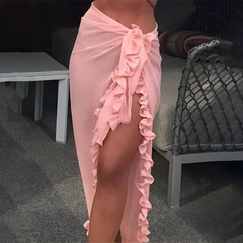 

Women Beach Skirt Ruffle Cover Up Skirt Solid Color High Split Lace Up Beachwear Sunscreen Mid-calf Length Lady Bikini Skirt