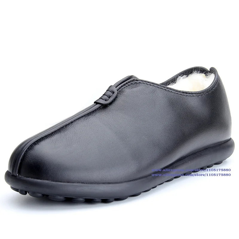 

Thick-Soled Snow Boots Black Leather Side Zipper Round Toe Warm Men's Boots Soft Leather Soft Sole Men's Boots Winter Snow Boots