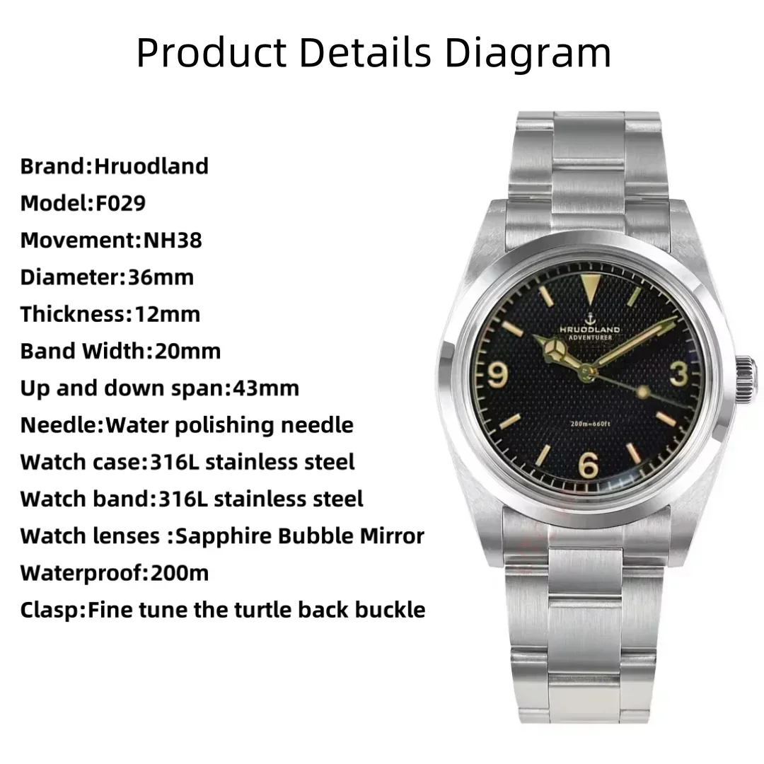 Hruodland 2025 Neue Männer Mechanische Uhr NH38 F029 36mm Retro Business Saphirglas Edelstahl Reloj Hombre