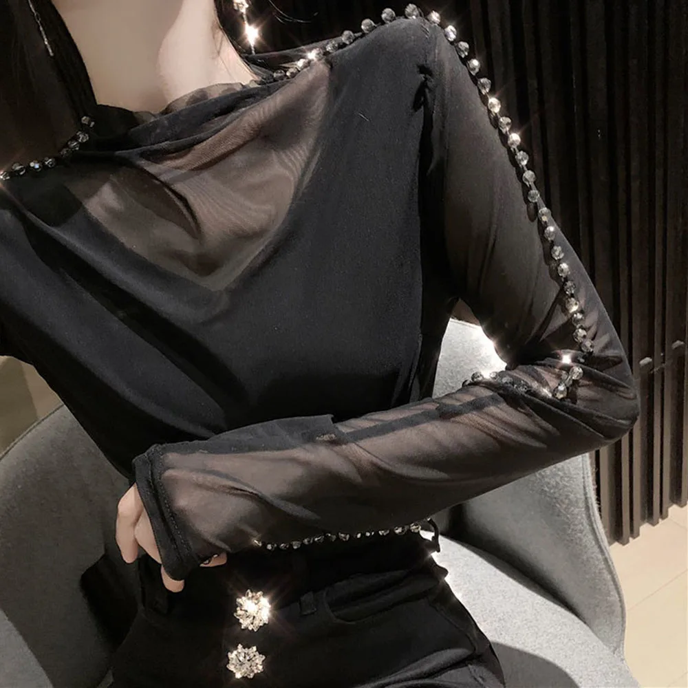 Sexy Club Beadings Mesh Lady Party Tees Spring Autumn New Sheer T-Shirts Women Luxury Handmade Beaded Long Sleeve Tops Female