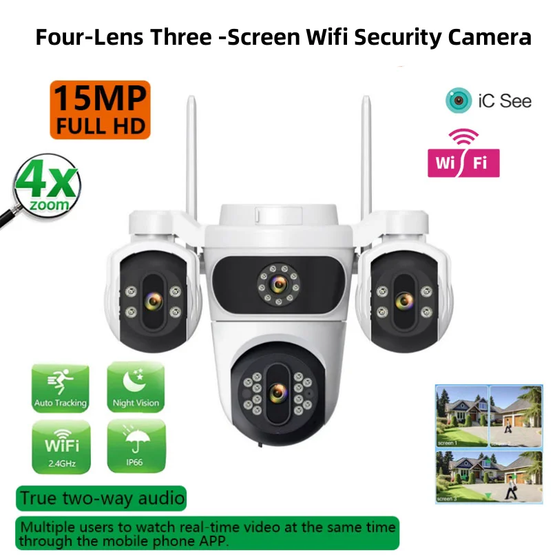 15MP 6K WIFI Security Camera Four Lens Three Screen PTZ Camcorder Human Detection Surveillance HD Wireless Monitor Cam for Home