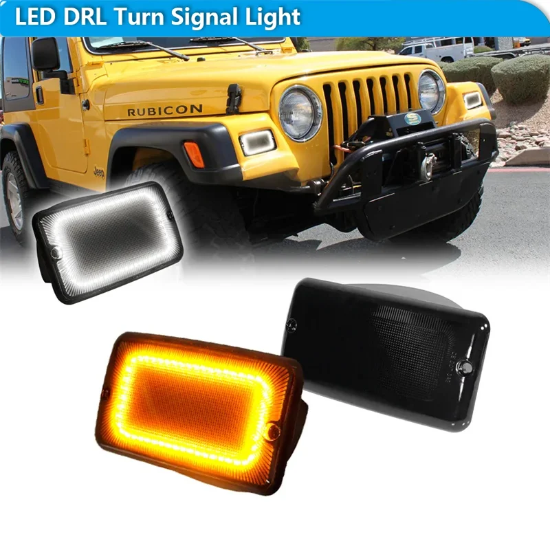 

For Jeep Wrangler TJ Switchback Amber LED Car Front Bumper Turn Signal Lights & White DRL Driving/Parking Lights 1997-2006 12V