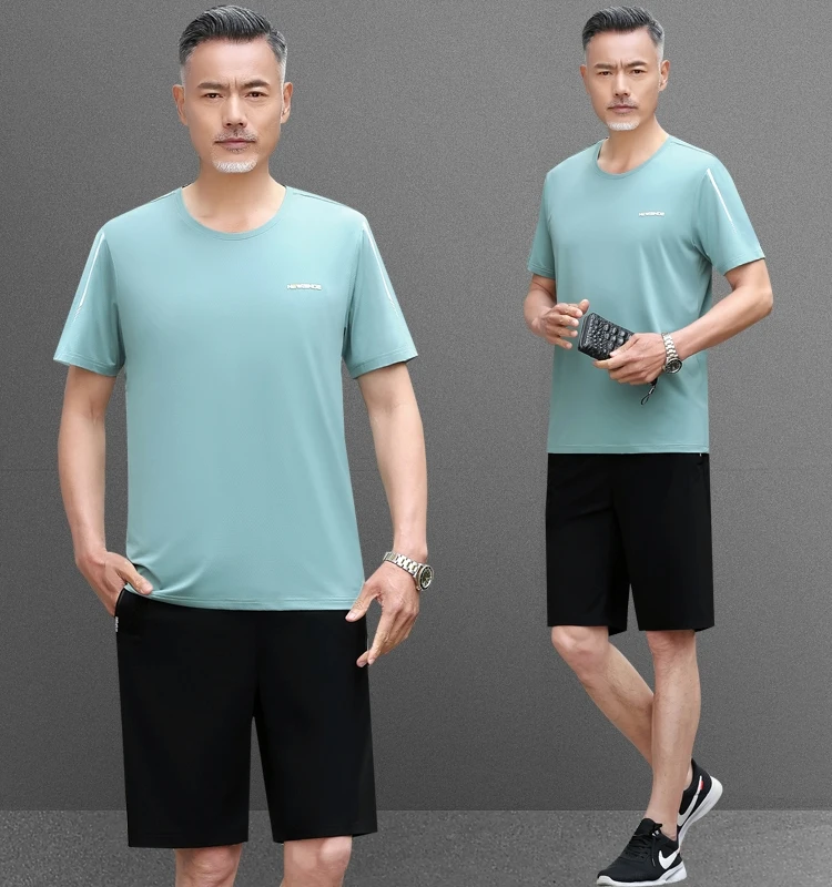 

New Men's Casual Sports Wear Ice Silk ort Sve T-irt Thin Two-Piece Set for Middle-Aged Summer irt orts