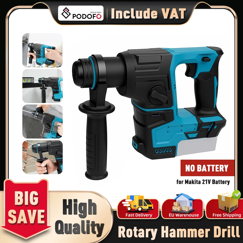 Podofo Brushless Electric Hammer Drill Multifunctional Rotary Cordless Drilling Chiseling Tool Hammer Drill Dual Function Low Noise Quick Bit Change