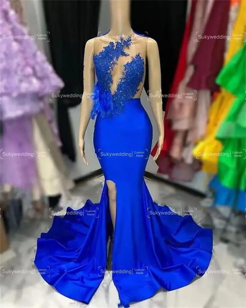 Royal Blue Mermaid Prom Dresses Long O Neck Feather Applique Lace Trumpet Side Slit African Formal Occasion Dresses Customized