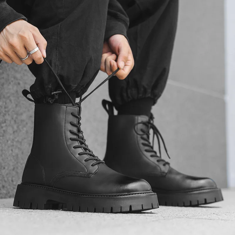 

British style men's boots genuine leather shoes stage nightclub dress high top motorcycle boot cowboy platform ankle botas male