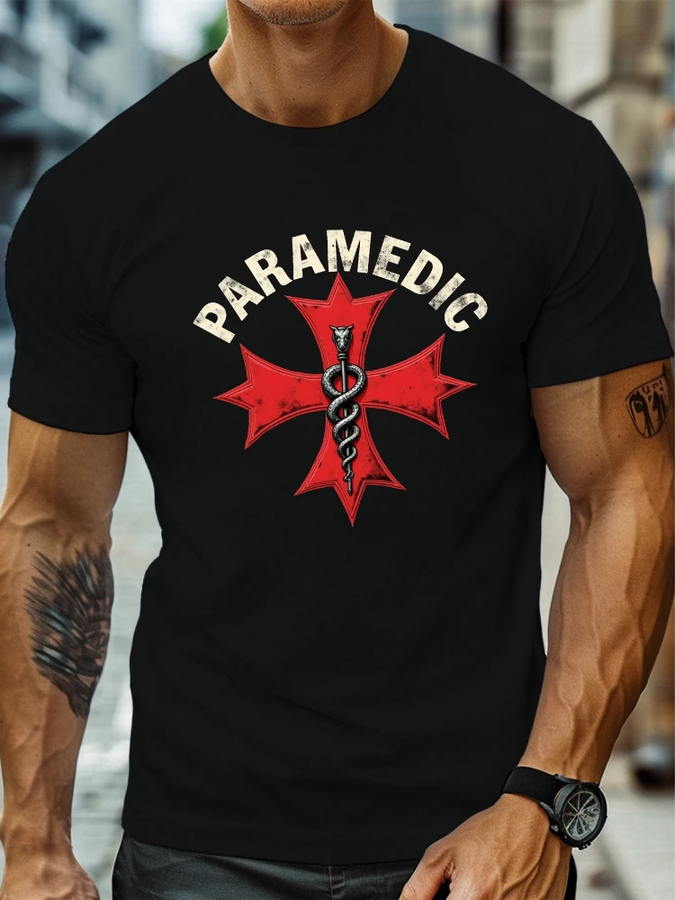 

with Paramedic Star of Life & Serpent 100% cotton Print Crew Neck T-Shirt, Lightweight Summer Top, Regular Fit.
