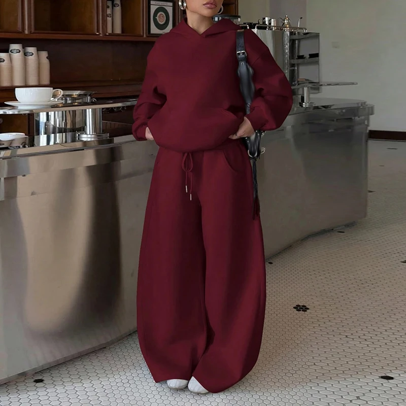 Mehrfarbige, lockere zweiteilige Herbst-Sets mit Kapuzenpullover, langärmeligem Oberteil und weiter Hose, lässiges Damen-Outfit, Vintage-Sportanzüge