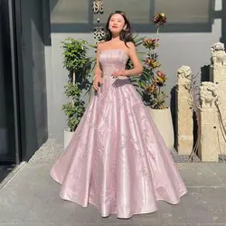 Women Sleeveless Prom Dresses Pink Satin Applique Crystal Beaded Banquet Evening Dresses Bridal Wedding Formal Party Dresses