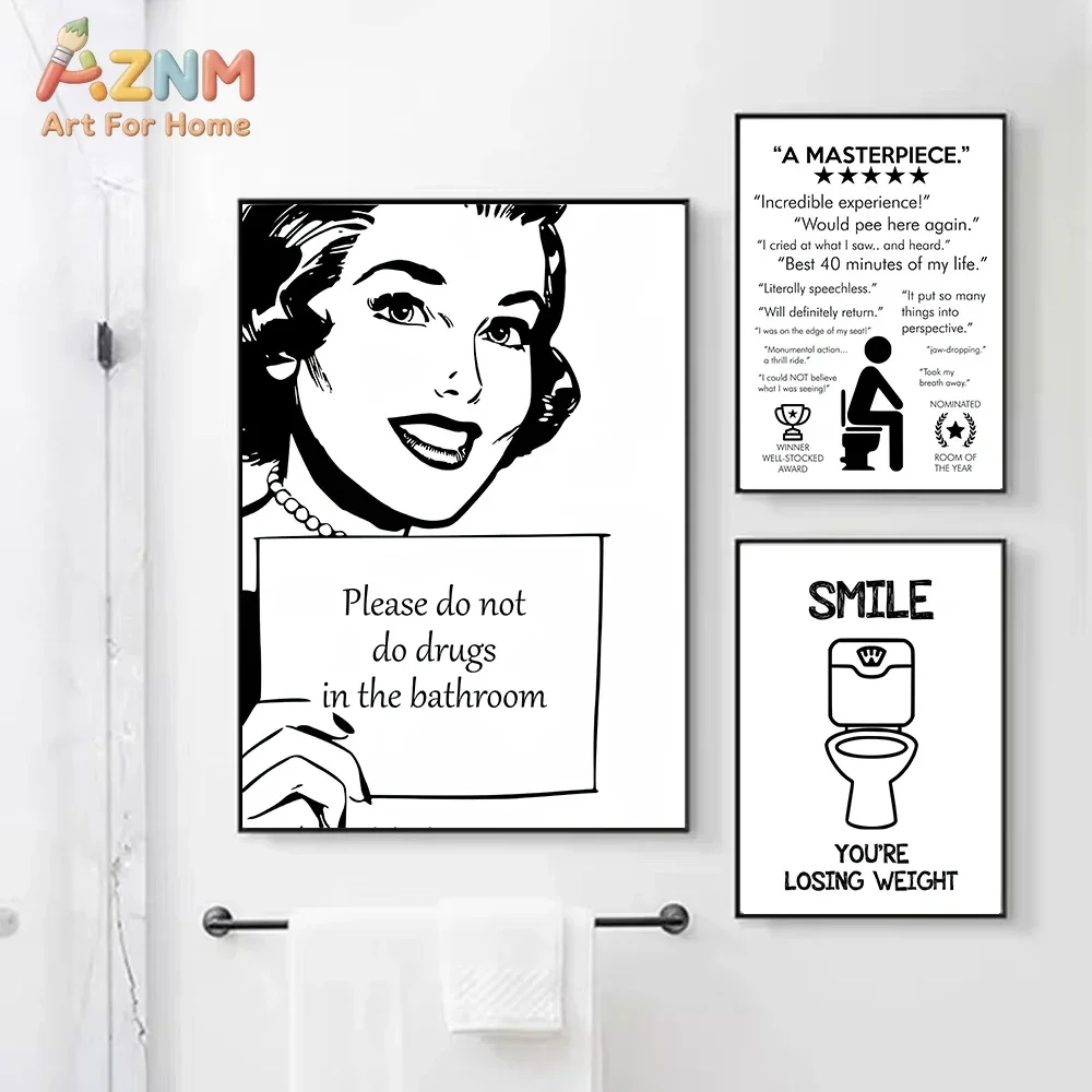 AZNM Funny Bathroom Rules Quote Canvas Wall Art, Black White Humor Toilet Sign Print Poster, Restroom Wall Decor, Unframed Canva