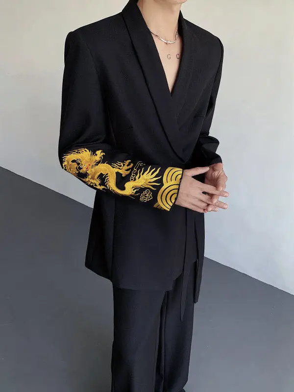 

Новый китайский мужской повседневный костюм с тяжелой вышивкой в виде дракона, осенне-весенний, высококачественный, для отдыха и свадьбы