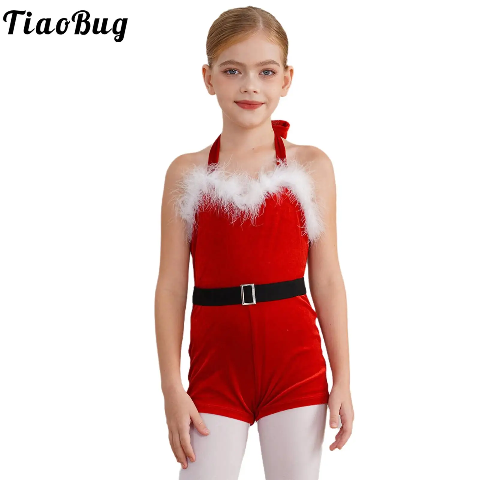 

Kids Girls Christmas Dance Bodysuit Jumpsuit Unitard Halter Sleeveless Velvet Xmas Holiday Santa Sweetie Costume Dancewear