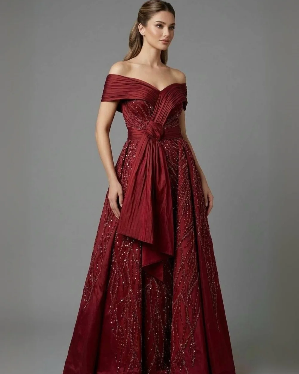 

Customized Modern Style Jersey Sequined Beading A-Line Evening Dress Elegant Off-the-shoulder Sleeveless Floor Lenght Party Gown