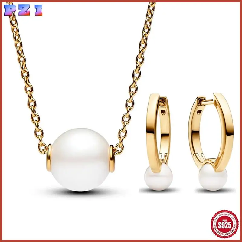 

Authentic 925 Sterling Silver Golden Shine Cultured Pearl Hoop Earring Necklace With Crystal For Women Jewelry Set Gift