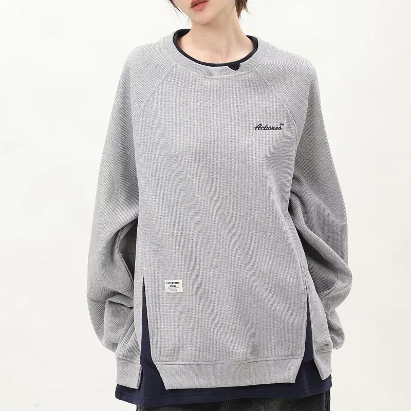 Pull décontracté à manches longues pour femmes, style paresseux, col rond, faux deux pièces, polyvalent, mince, mode printemps et automne, nouveau