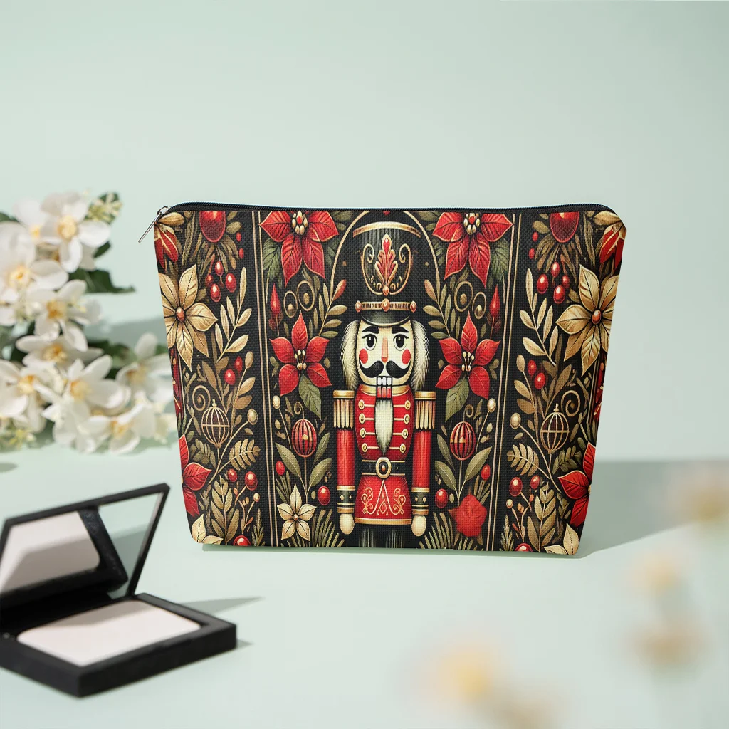 Vintage Christmas Nutcracker Floral Berries Print Cosmetic Bag Zipper Makeup Pouch Portable Travel Storage Bag Christmas Gift
