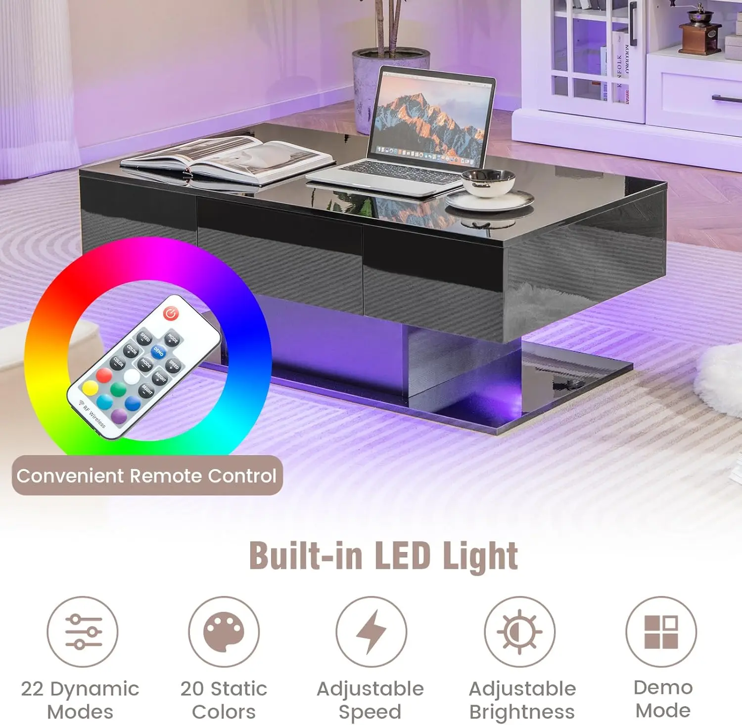 Modern LED Coffee Table - 2-Tier Center Table w/ 2 Storage Drawers, Adjustable Brightness & Speed, 20-Color Light, 43.5'