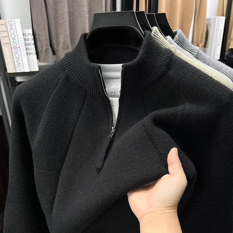 High End Men's Sweater Autumn Winter Simple Casual Design Fashion Brand Zipper Mock Neck Personalized Jacquard Knitted Pullover