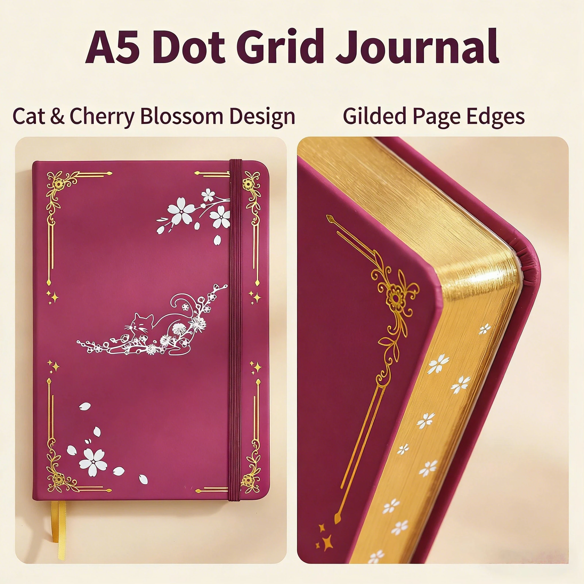 

Блокнот Cat & Cherry Blossom A5 с точечной разметкой, твердая обложка из бумаги плотностью 160 г/м², обложка из искусственной кожи, золотистые края страниц
