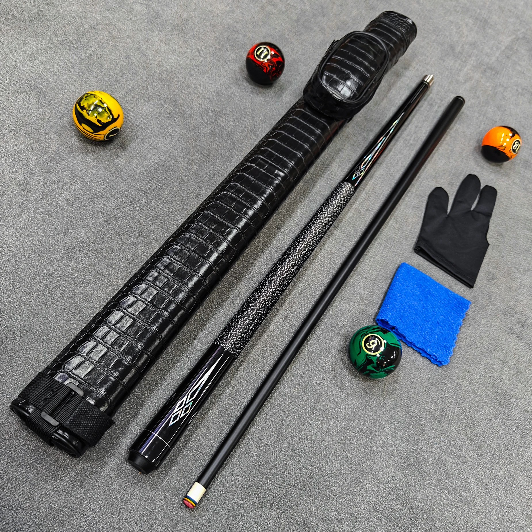 58in High-Tech Pool Cue Set, 10.5 11.5 12.5 Tips Optional, Wrapped Grip, Water Transfer Print, Black Stone-Pattern Cue Case