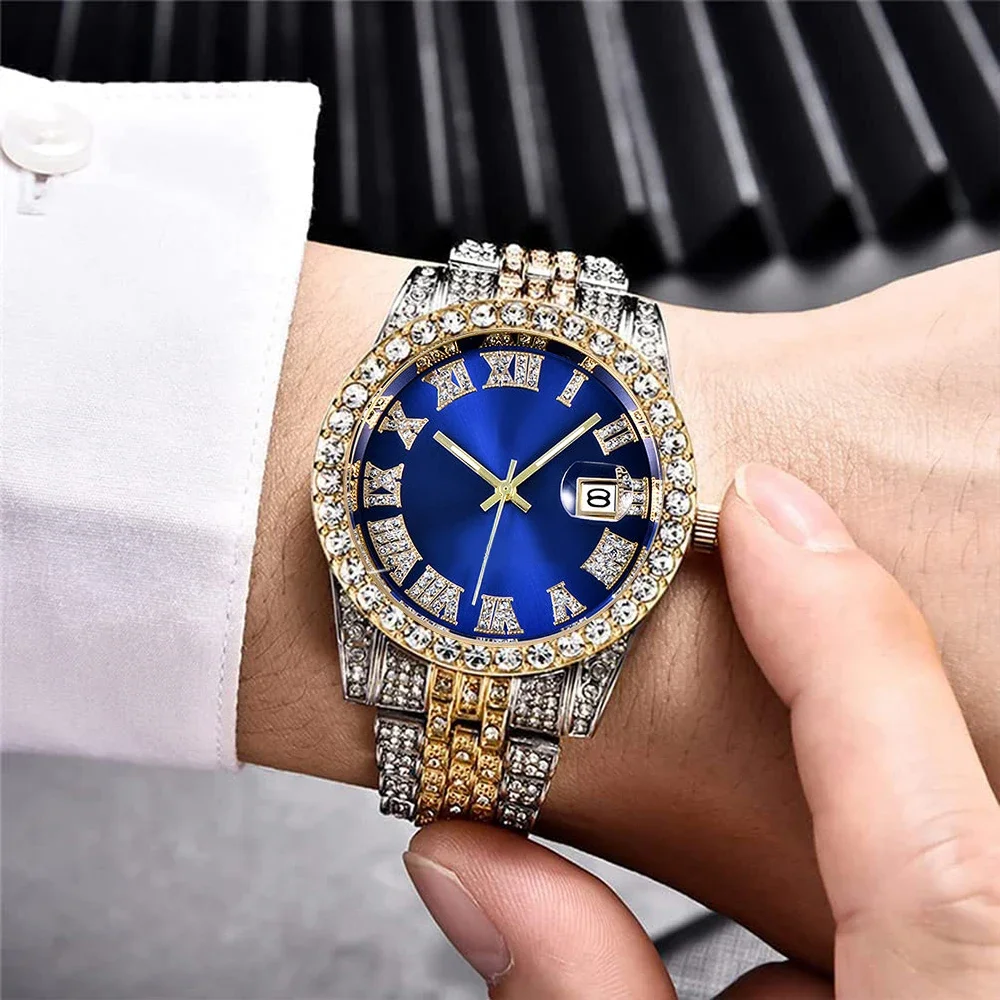 Fashion Luxury Brand Quartz Watches Men Hiphop Rhinstones Cuban Chain Bracelet Set Auto Calendar Business Watches Gifts For Him