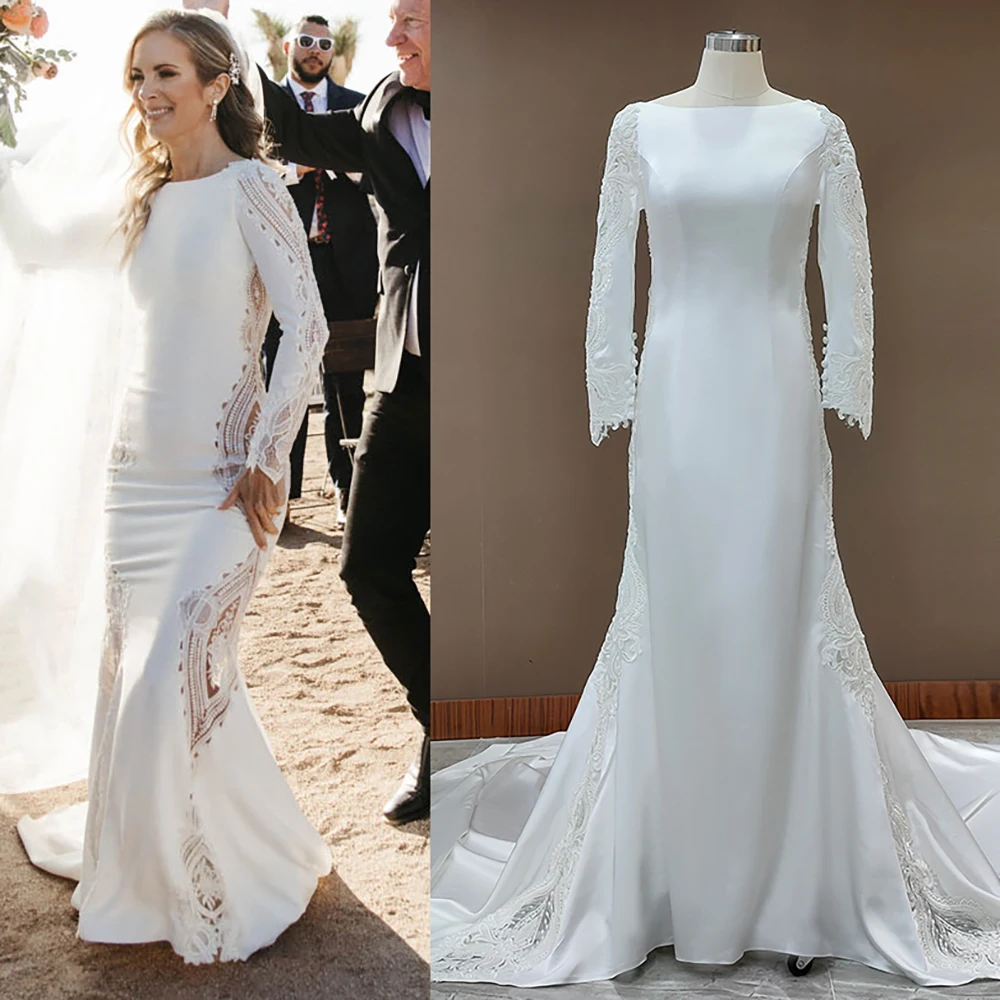 Sheath Satin Cutout Lace Elopement Wedding Dress Customized Long Sleeves Backless Appliques Bateau Neck Rustic Bridal Gowns