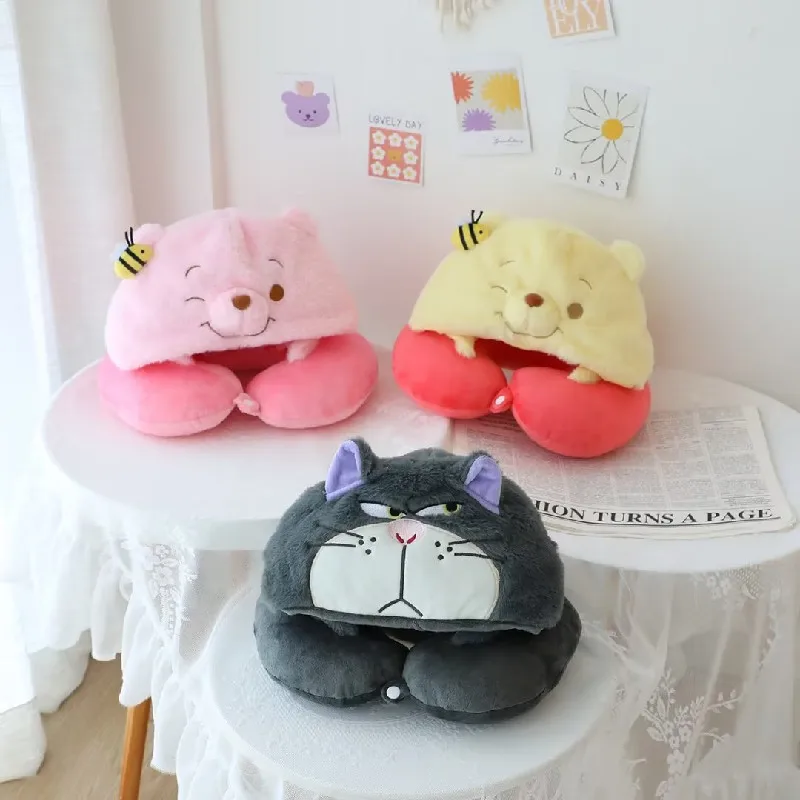 Disney Cartoon Anime Lucifer Cat Winnie Bear Travel Relax Plush U-shaped Neck Guard Pillow Kawaii Figure Plushine Girls Gifts