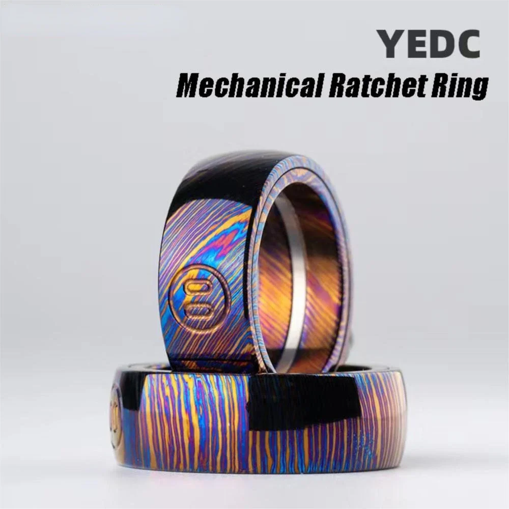 

YEDC Mechanical Ratchet Ring #16 #20 #24 Titanium Damascus Pig Ring Non-removable EDC Decompression Toys