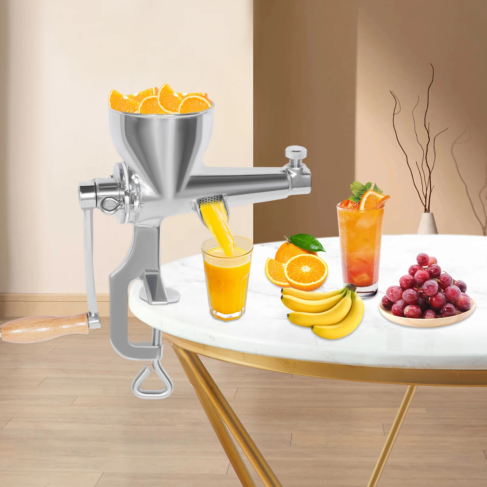 

Manual Hand Press Squeezer 304 Stainless Steel Fruit Vegetable Juicer with C-clamp Filter Labor-saving Wood Handle for Home Commercial Juice Extraction