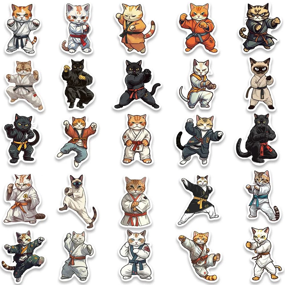 50PCS Cartoon Kung fu Cat Kawaii Taekwondo Kitty Stickers For Car Laptop Phone Stationery Decor Waterproof Sticker Kids Toys