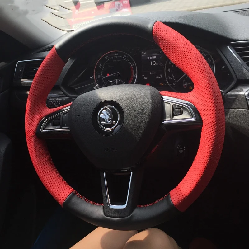 Custom For Skoda 2021 Octavia Pro Kamiq Rapid Kodiaq Superb Leather Hand-sewn Car Steering Wheel Cover Auto Interior Accessories