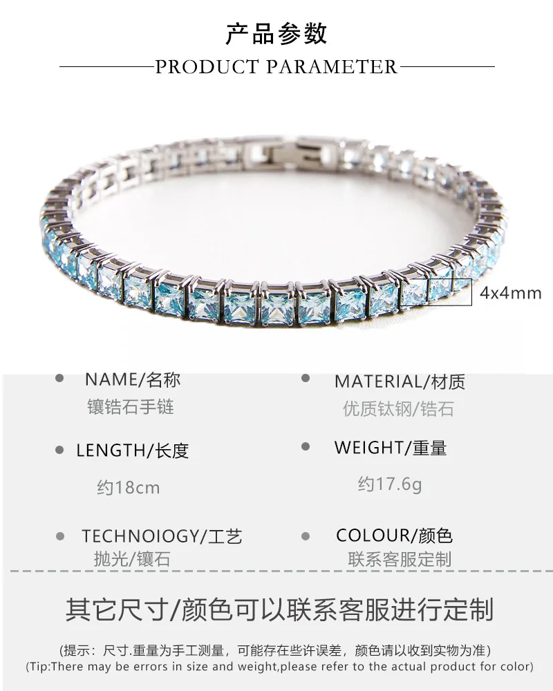 Hip Hop Square CZ Stone Paved Bling Iced Out Stainless Steel Tennis Link Chain Bracelets for Men Rapper Jewelry Never Fade