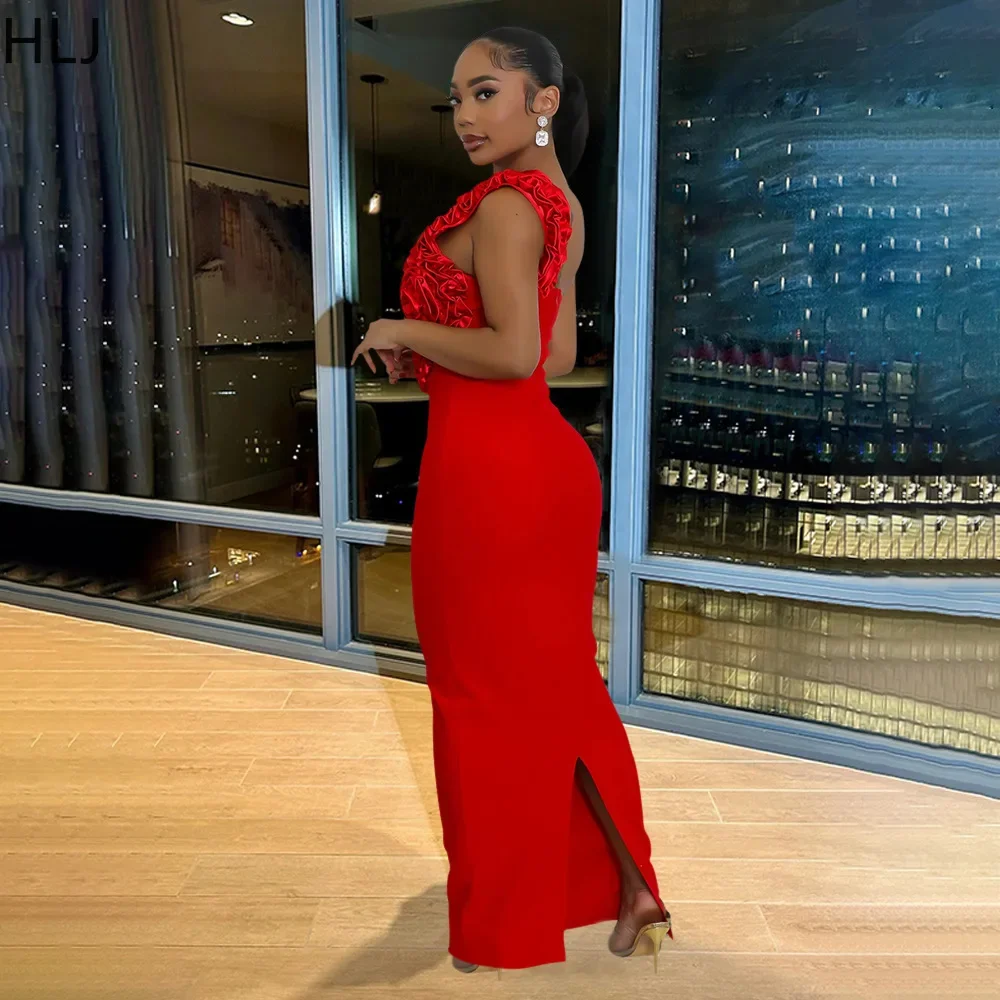 HLJ Fashion Ruched Hollow Out One Shoulder Evening Party Long Dresses Women Sleeveless Bodycon Vestidos Sexy Solid Clothing 2025