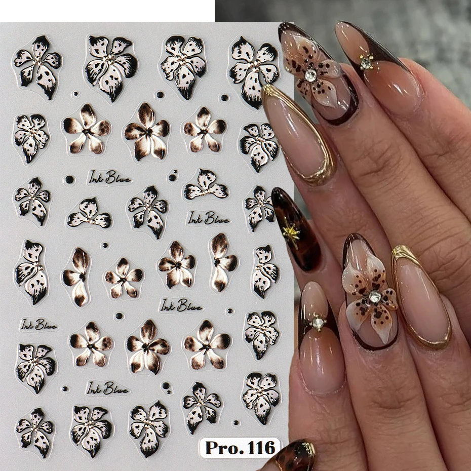 2pcs 검은 갈색 꽃 3D 네일 아트 스티커 데칼 표범 난초 꽃잎 피는 꽃 잎 열 대 네일 장식 슬라이더