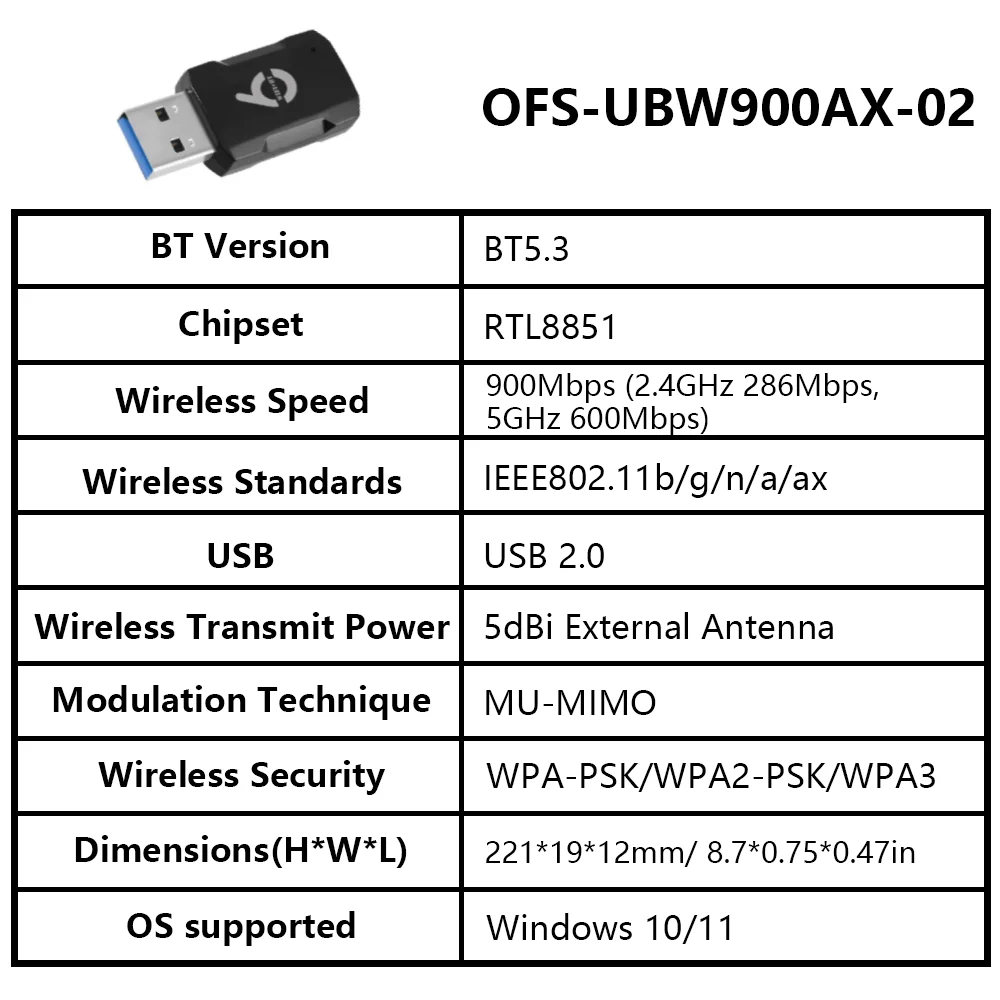 OPTFOCUS 900 Мбит/с Wi-Fi 6 USB-адаптер двухдиапазонный беспроводной Bluetooth-ключ BT5.3 2,4G 5G Сетевая карта Wi-Fi Combo USB-адаптер для ПК