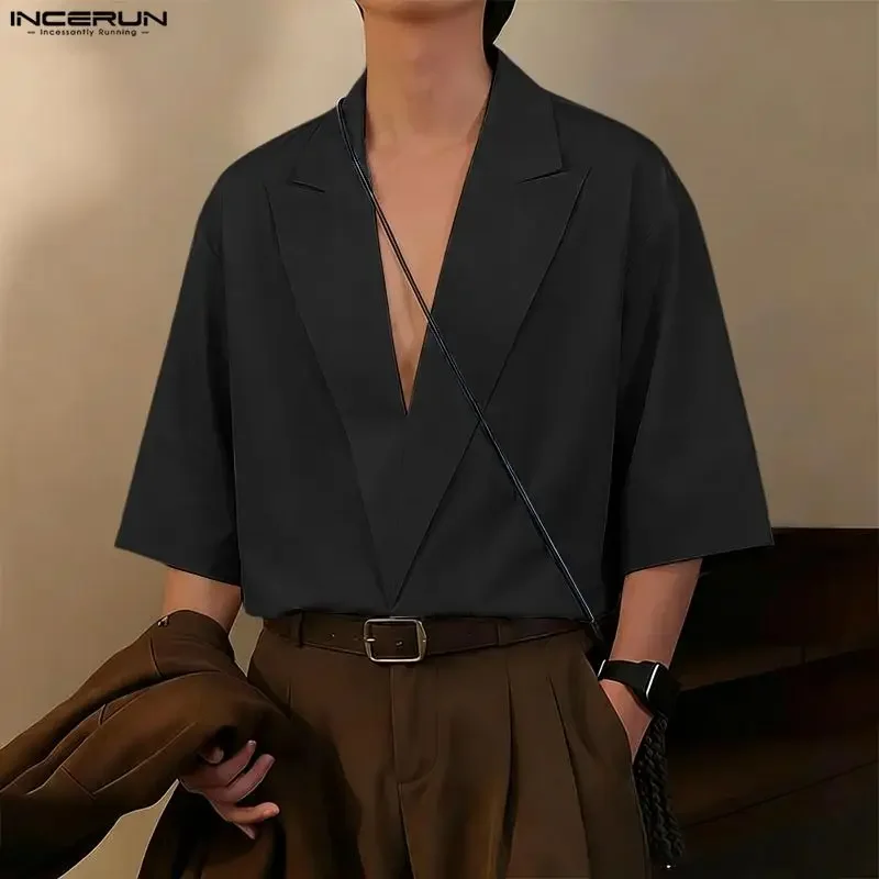 

INCERUN Men Shirt Lapel Half Sleeve Loose Solid Color Men Clothing Korean Style Streetwear 2026 Fashion Casual Tops Male Shirts