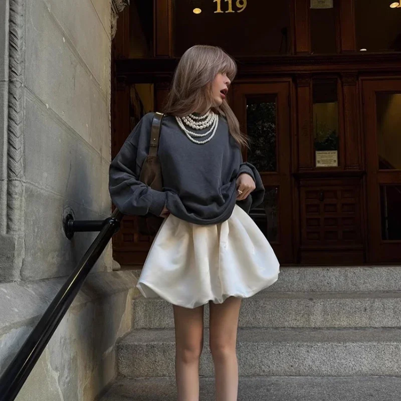 Japanese Style Sweet Flower Bud Skirt Women's High Waist Shiny Satin Fluffy Shorts Ladies Spring and Autumn Solid Color Culottes