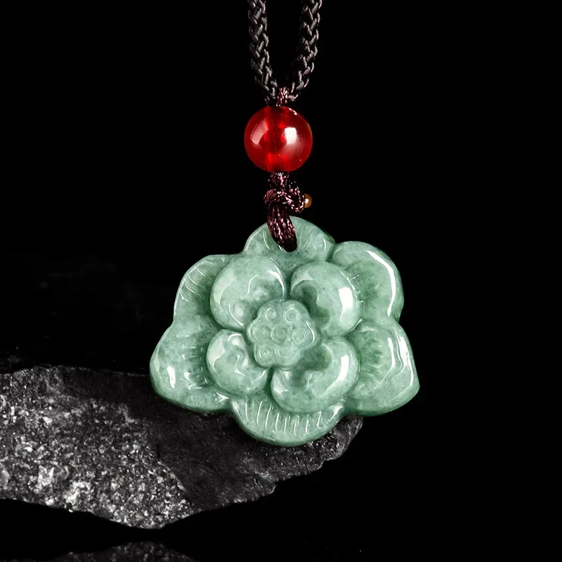 

Jia Le/ Hand-carved/ Natural Jade Bean Green Lotus Emerald Necklace Pendant Fine Jewelry Accessories Men and Women Couple Gift