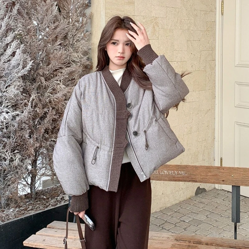 Women's Loose Fit Down Jacket, Korean Style Winter Fashion Color Block Coat, Heavy Duty Design High End Warm Parka