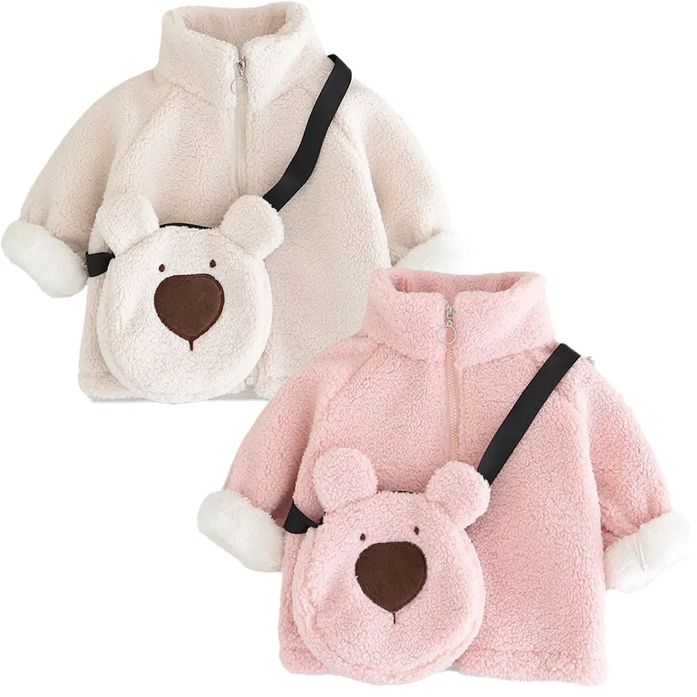 Autumn Winter Baby Toddler Coat with Bag Girl Boy Fur Jacket Fleece Warm Snow Outfit Kids Children Clothing Cartoon Bear Cute