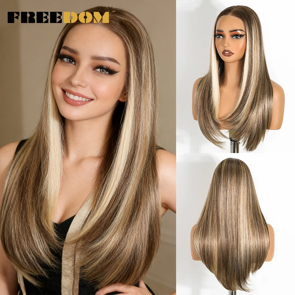 

FREEDOM Synthetic Lace Front Wigs For Women 9x6 Pre Plucked Straight Layerd Wig 24" Ombre Blonde Pre Cut Wear And Go Lace Wigs